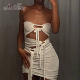 Bow Drawstring Hollow Out Sexy Women Mini Dress Fashion Summer Sleeveless Chest Wrap Clubwear Female Skirts