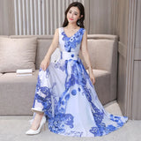 Women Floral Print Sleeveless Bohemian maxi dress Summer Ladies V-neck Sexy lacing Strappy waist party dress