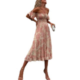 Women's Clothing New Printing To Take Short-Sleeved Lotus Leafy Skirt One-Word Shoulder Fashion Women