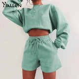 Yiallen Autumn Cotton Solid Two Piece Set Women Early Casual O-Neck Sweater+Drawstring Sporty Shorts Classic Matching