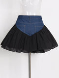 Loose Fashion Ball Gown Skirt For Women High Waist Patchwork Denim Fake Two Piece Mini Shorts Skirts Female