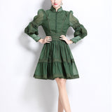 Elegant Bubble Sleeve Lace Splicing Mesh Dress Women's Court Collar Lantern Sleeve A-Word