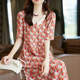 Peter Pan Collar Patchwork Floral Dress Women's Clothing Printed Summer A-Line Short Sleeve Korean Casual Midi
