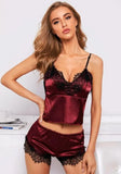 Sexy Satin With Lace Vest And Shorts Pajama Lingerie