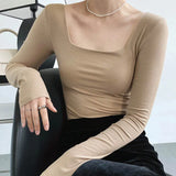 square-neck t-shirt women's slim-fit exposed collarbone low-neck short top bottoming shirt-Outfit