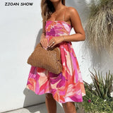 Holiday Tie-dye Flower Print Slash Collar Ruched Chest Mini Sling Dress Sexy Low Back Backless Robe BOHO Summer Vestido-Outfit
