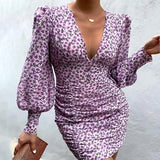ArtsuWomen Sexy Deep V Neck Floral Print Dresses Long Lantern Sleeve Ruched Dress Elegant Female Bodycon Party Dress