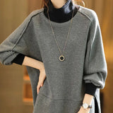 Streetwear Loose Solid Color Stylish Asymmetrical Split Pullovers Spring Autumn Turtleneck Patchwork Korean