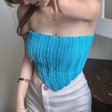Women's Knit Bandeau Crop Tops, Strapless Sleeveless Solid Color Hanky Hem Tube Tops-Outfit