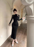 Women Dresses Sexy Elegant Mesh Patchwork Hollow Out Stand Collar Irregular Long Sleeve Party Dress Female Temperament-Outfit