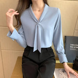 Sleeve Chiffon Blouse Shirt Blouse Women Blusas Mujer De Moda 2021 Bow V-Neck Office Lady Blouse Tops Women Blouses