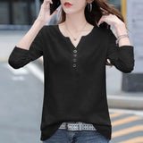 Clothing Spring and Autumn New Loose V-neck Button Tee Shirt Long Sleeve T-shirt Women's Large Pullover Casual Tops-Outfit