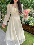 Sweet Fairy Dress Women Lace Printing Midi Dresses Casual Designer Chic Square Collar French Fashion Dresses Spring