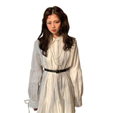 Women Dress Long Sleeve Spring Autumn Vintage Designer Collar Lapel Button Up Ruched Ruffles Cotton White Dresses Female