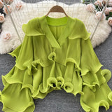 Spring Autumn Women Irregular Ruffle Draped Tops Female Elegant V-Neck Flare Long Sleeve Short Tops Vintage Blouse New Blusas 703-0-Outfit
