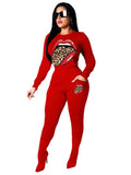 Women Two Piece Set Top and Pants Strech Skinny Mouth Print Active Wear Casual Outfit Macthing Sets Wholesale