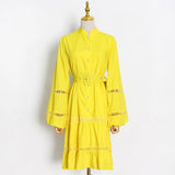 Yellow Hollow Out Dresses For Female Stand Collar Lantern Long Sleeve High Waist Slimming Women's Dress Fashion