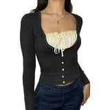 Korean Cute Y2K Retro Cotton Tops Lace Patchwork Buttons Kawaii Tshirts Autumn Square Collar Chic Casual