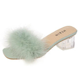 Woman's Slippers Low Square heel Slides Big Size Fur Flip Flops 2022 Summer Soft Block Plush Rome Basic PU Fabric Hoof