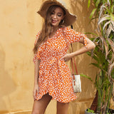 New Summer Mini Dress Floral Boho Beach Dress Vintage Ruffles Short Sleeve A-Line Party Mini Dress Sundress