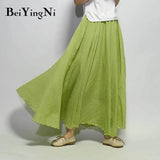 Linen Cotton Vintage Skirt Women Solid Beach Boho Pleated Maxi Skirts Summer Fashion Retro Elastic Waist Saia