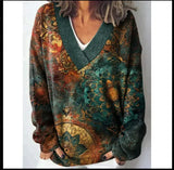Women's New 3D Color Pattern Printing V Collar Long Sleeve Lazy Leisure