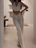 2 Pieces Sets Casual Crop Top And Pant Wide Leg Loose Pant Outfits 2 Pieces Sets Women Lace-up Pant With Pockets-Outfit
