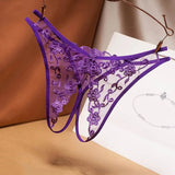 crotch-free women's panties mesh embroidery retro hollowed out sexy transparent thong ultra-thin low waist t pants