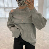 Korean Chic Women Sweater Elegant Hollow Out Off Shoulder Patchwork Loose Knitted Tops Office Lady Fashion Pullover-Outfit