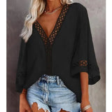 Solid Color Flare Sleeve Top For Women's New Blouse V-neck Hollowed Out Lace Patchwork Shirt Blusa Feminina