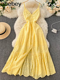 Summer Beach Hollow Out Long Dress Sexy Women V-Neck High Waist Single Breasted A-Line Big Swing Vestidos 2022 New