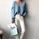 WOTWOY V-neck Knitted Oversized Sweaters Women Autumn Winter Long Sleeve Basic Sweater Women White Casual Loose Pullovers
