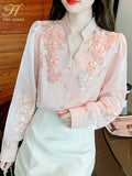 Han Queen Spring Basic Office Lady Blusa Embroidery Sweet Vintage Tops Elegant Chiffon Women Blouses Loose Casual Shirts-Outfit