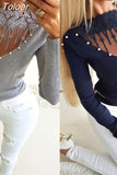 2023 New Sexy Tight Sweater Women Ladies Fashion Slim Lace Beading Hollow Out Neck Sweater Knitshirt