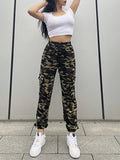 Print Camouflage Cargo Long Pants Women Lace Up Elastic Waist Pockets Loose Spliced 2023 Autumn Straight Trousers-Outfit