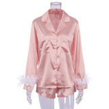 Wear Women Soft Feather Home Suit Button Up Top Slim Pants Two Piece Set 2022 Casual Pajama Elegant Lady Homewear