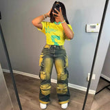 Women's Straight Jeans Women's Fashion Trend Personality Multi-Pocket Hanging High-Waisted