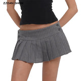 Grey Striped Print Side 3 Buttons Pleated Mini Skirt Sexy Low Waist Short Skater Skirts-Outfit