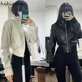 Jackets for Women Streetwear Loose Outwear 2023 Ropa Mujer Stand Neck Long Sleeve Zipper Crop Tops Casual PU Coat 27p698-Outfit
