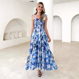 Spring And Summer Women's Slings To Take Loose Waist And Shoulder Straps Large Swings Long Printed Dress Skirt Dress Dress Dress