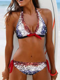 Sequin Print Color-block Bikini Swimwear Women Bathing Suit Sexy Halter Swimwear Women Beach