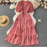 Women Elegant French Dress Sweet Puff Sleeve V Neck Single Breasted A-line Dresses Summer Casual Streetwear Midi Dress