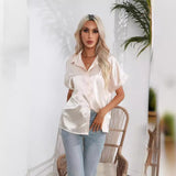 Satin Shirt Short-Sleeved Satin Button Shirt Casual Blouse Women's Stock-Outfit
