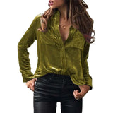 Autumn Pocket Shirt Long Sleeve Plain Satin Solid Single Breasted Women's Shirt Casual Pocket Patchwork Cardigan