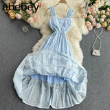 Women White/Yellow/Blue Hollow Out Party Long Dress Vintage Square Collar Spaghetti Strap Vestidos Female A-Line Robe Summer
