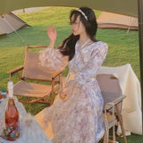 Vintage Floral Dress Women Elegant Print Slim Party Midi Dress Female Temperament Korean Style Designer Fairy Dress