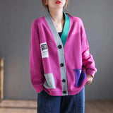 V-Neck Cardigan Stylish Streetwear Single-breasted Casual Solid Color Patchwork Contrasting Colors Autumn Winter Sweaters-Outfit