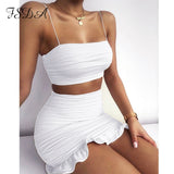 Summer 2020 Women Set Spaghetti Strap Crop Top White Sexy And Mini Bodycon Skirt Ruffles Party Outfit Club Two Piece