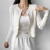 colors Women Cable Twist Knitted Cardigan Round Collar Center Buttons Sweater Full Sleeve Short Jumper Gray-Outfit
