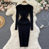 Hollow Out Women Korean Knitted Dress Long Sleeve Elastic Slim Pencil Dresses 2022 Autumn Sexy Bodycon Sweater